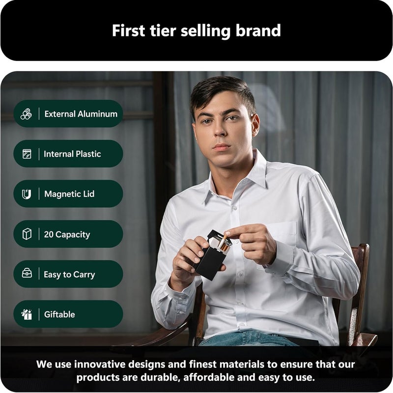 roygra علبة سجائر (3 عبوات)، حجم ملكي 100s مفتاح مغناطيسي 20 قطعة حاملة سجائر للرجال والنساء، ملحقات تدخين السجائر، صندوق معدني وبلاستيكي للتدخين (أسود + فضي + أزرق) - Image 5